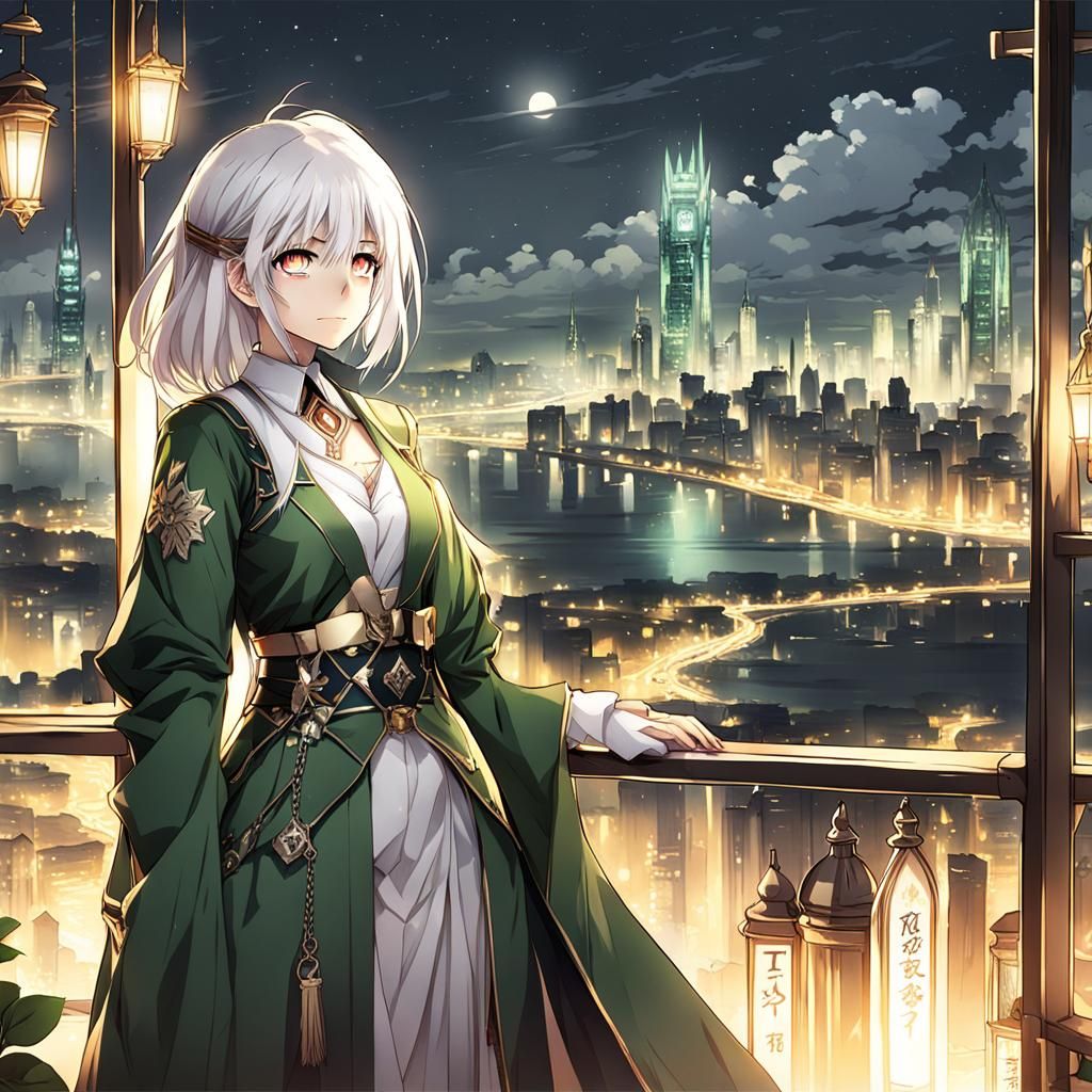 Anime Woman Gazing at Cityscape at Night