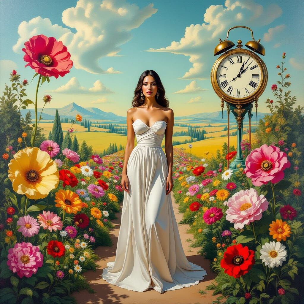 Surreal Garden Portrait with Melting Clocks