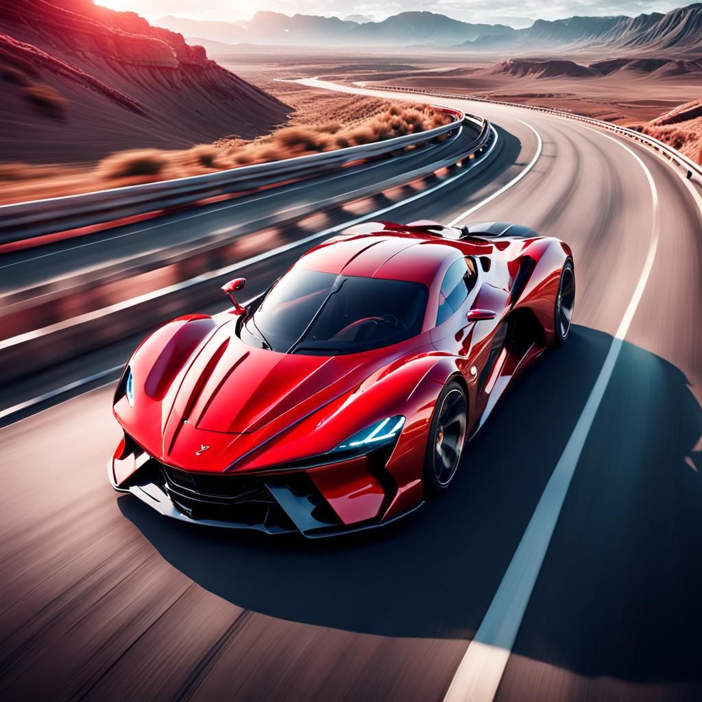 Futuristic Red Supercar Speeding Down Highway