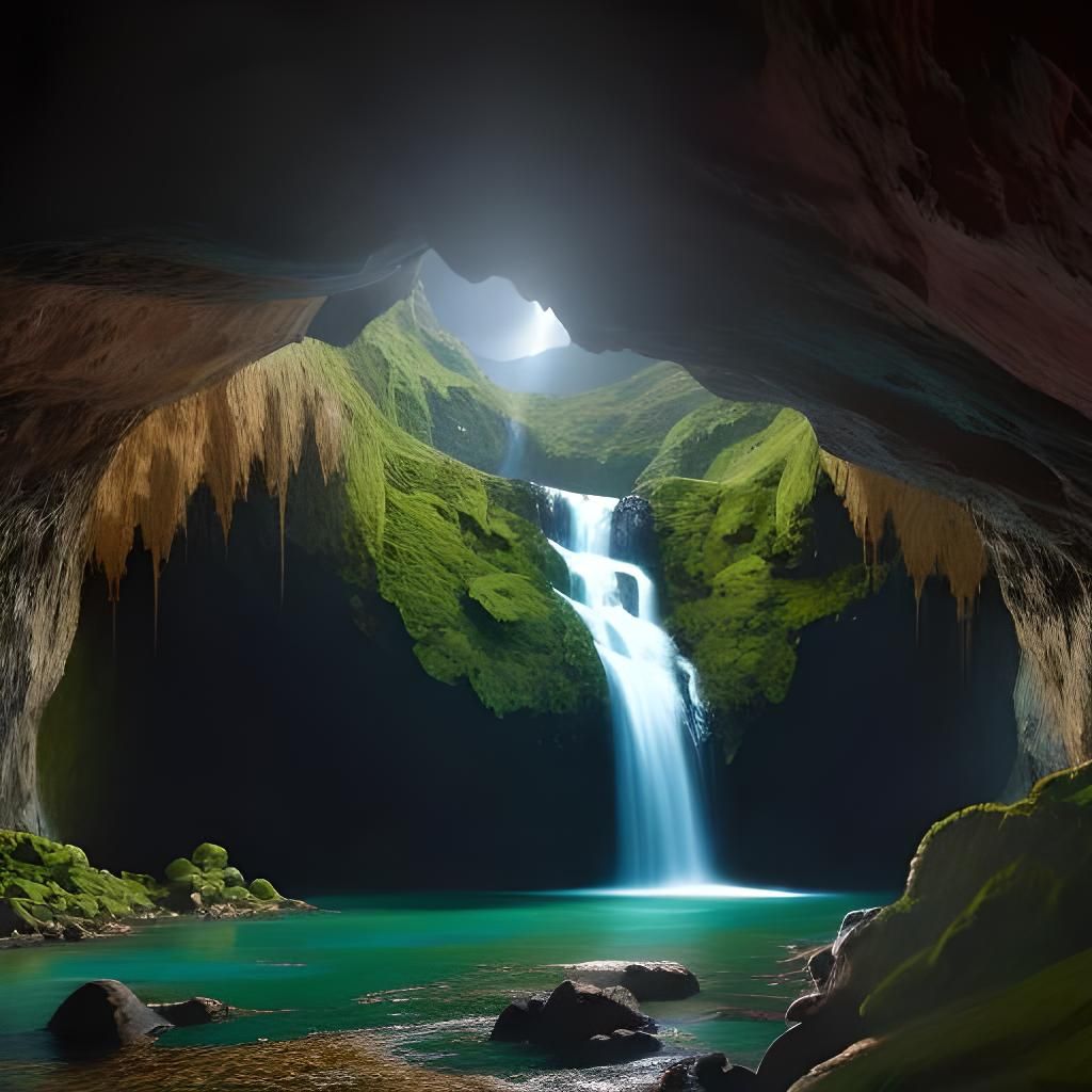 Waterfall in Mountain Cave