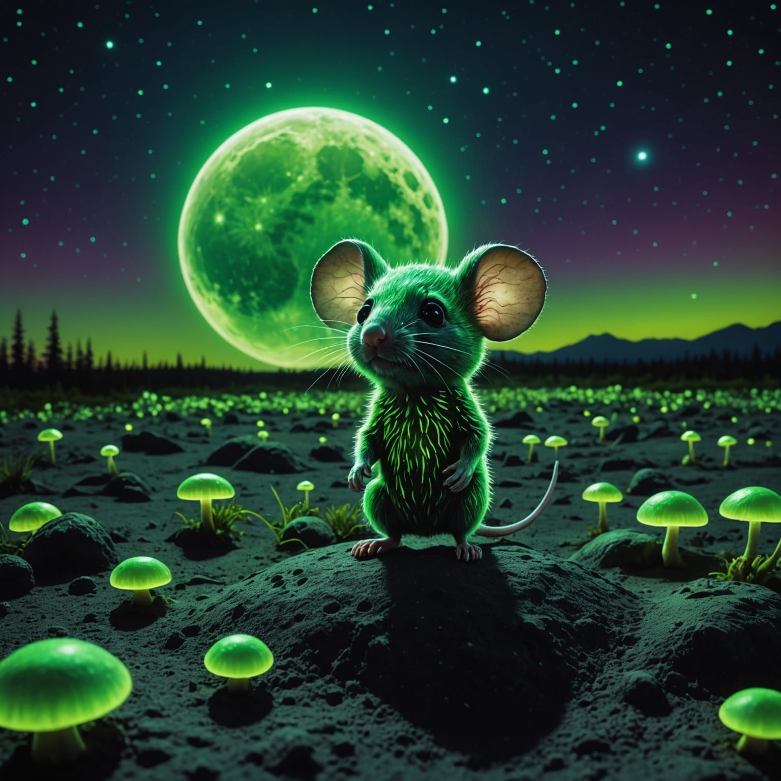 Hyperrealistic Bioluminescent Mouse on Moon Surface