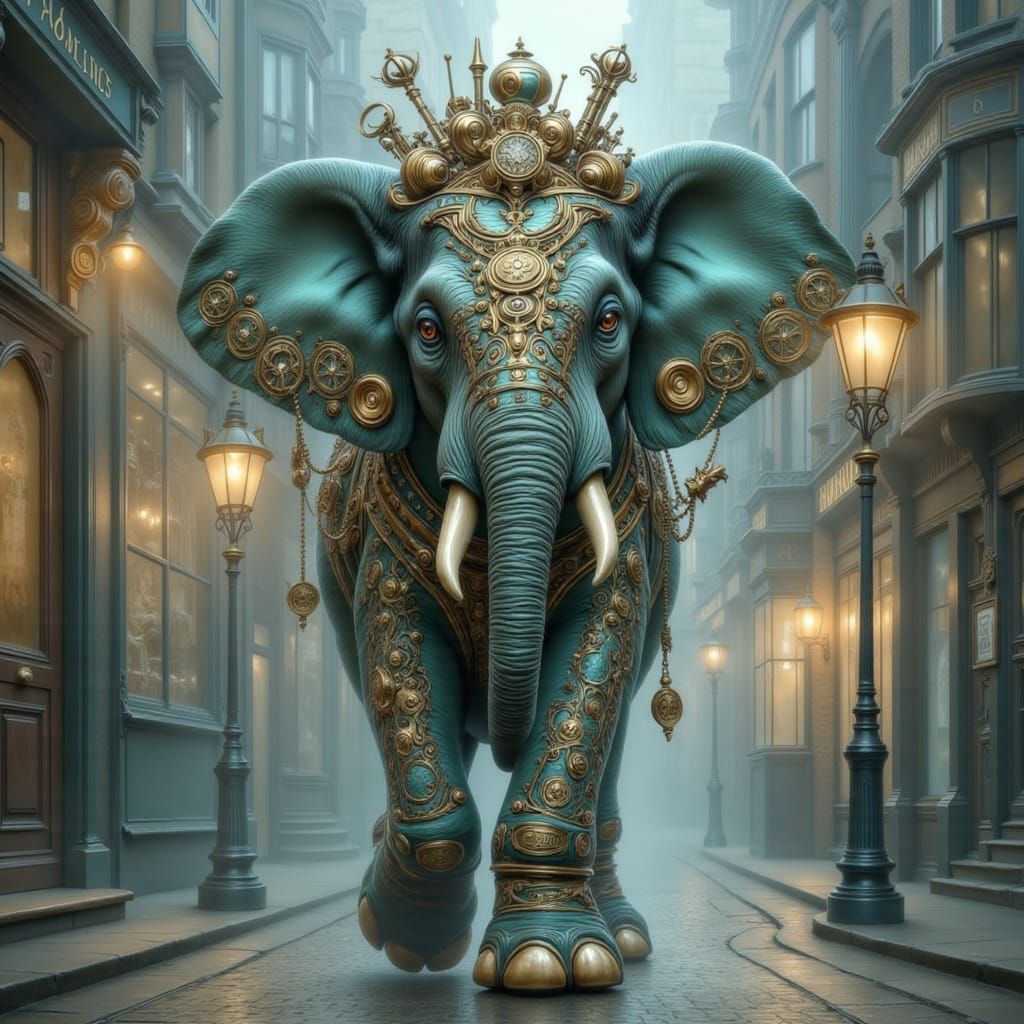 Steampunk Elephant in Foggy Victorian London