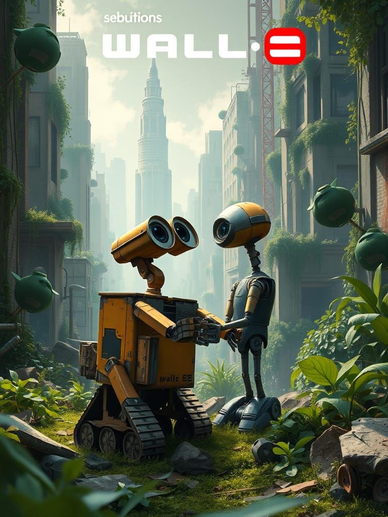 Wall-E Movie Poster: Robots in Overgrown Cityscape