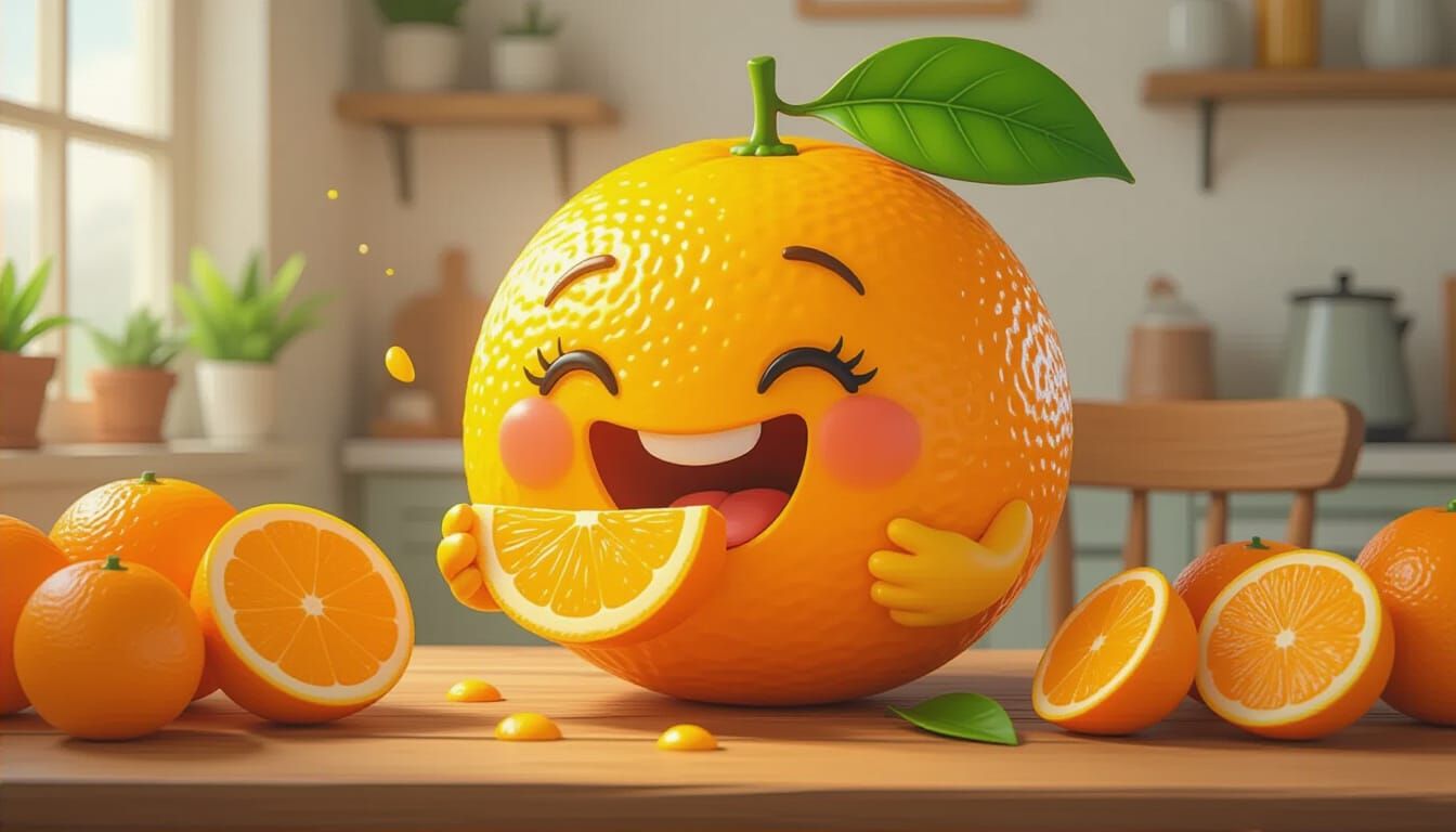 Happy Orange Character Enjoys Orange Slice, Disney Style