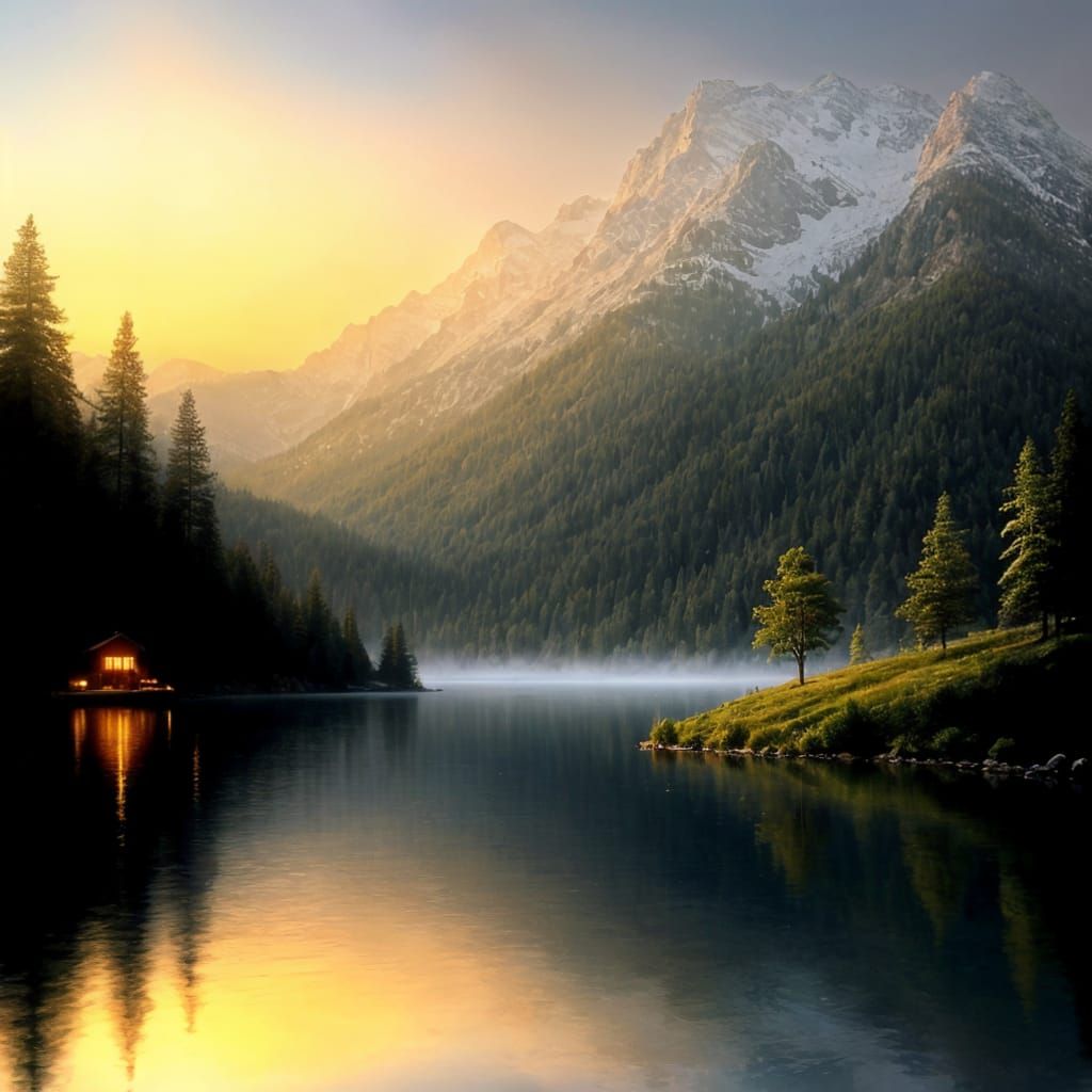 Whimsical Mountain Lake Scene in Traditional Style