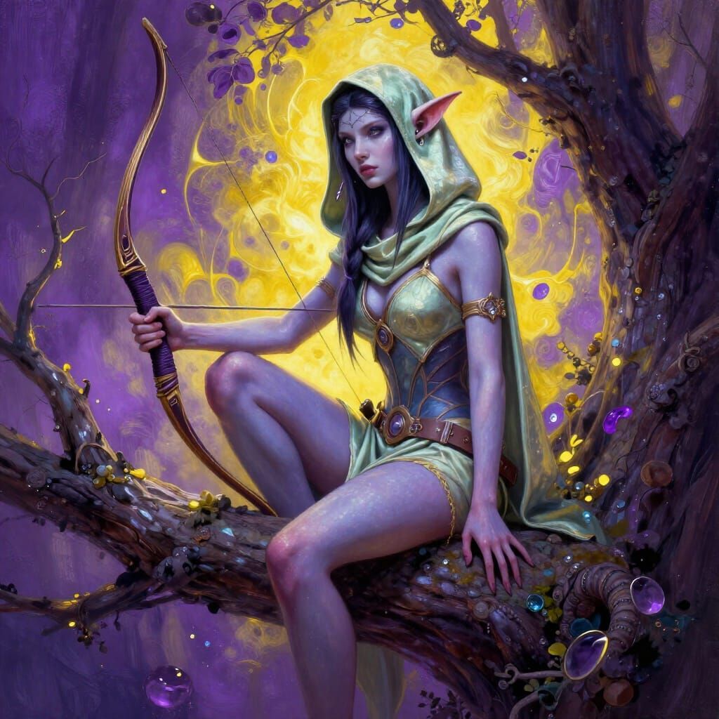 Hooded Night Elf Archer in Surreal Over-Detailed Painting