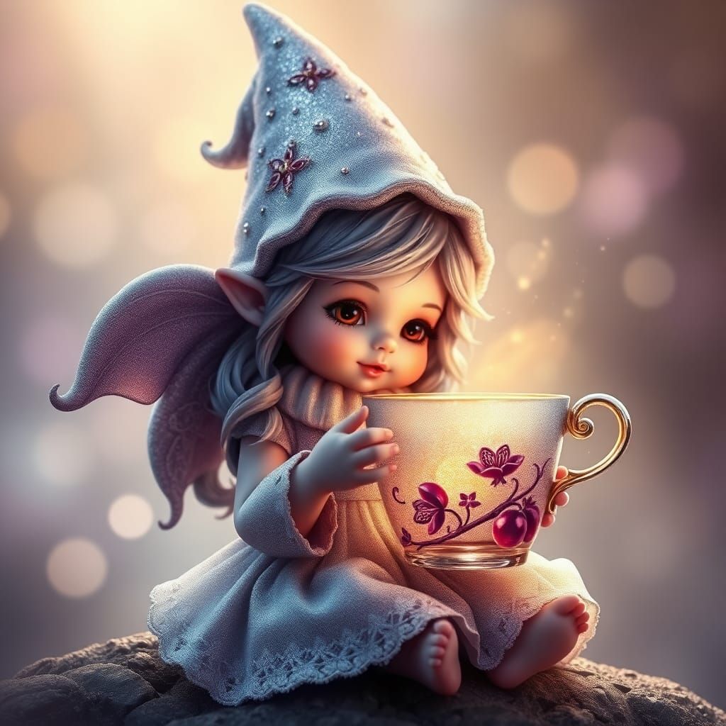 Baby Gnome with Ornate Teacup in Fantasy Style