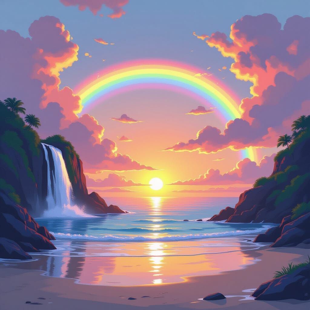Vibrant Island Beach Sunset with Rainbow Hues in Ghibli Styl...