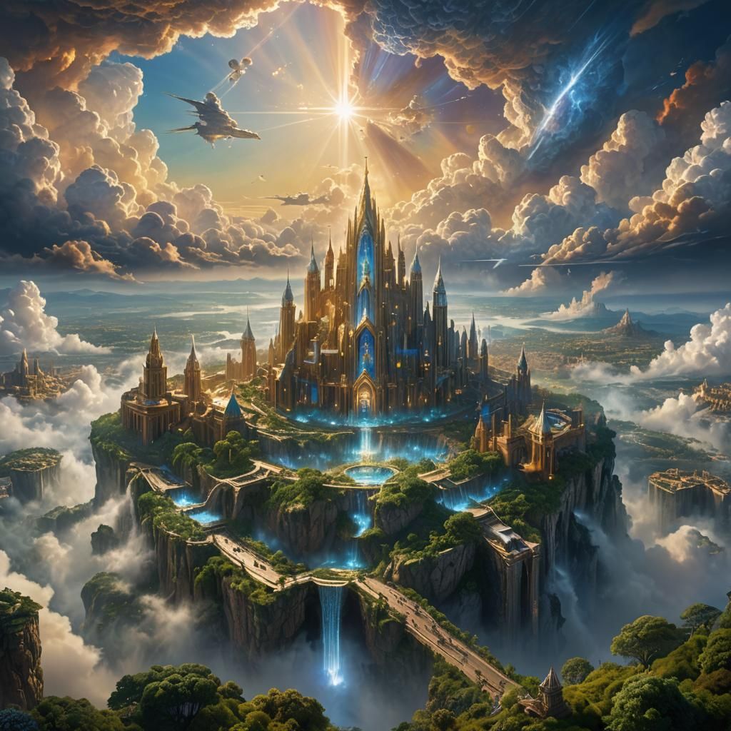 Resplendent New Jerusalem Descends Amidst Vibrant Clouds