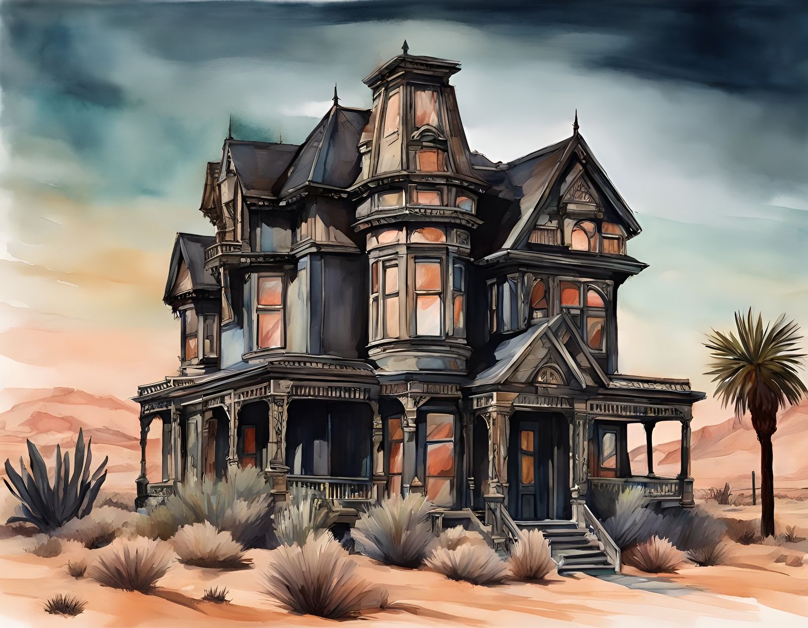 Dystopian House in Desert: Abstract Victorian Watercolor