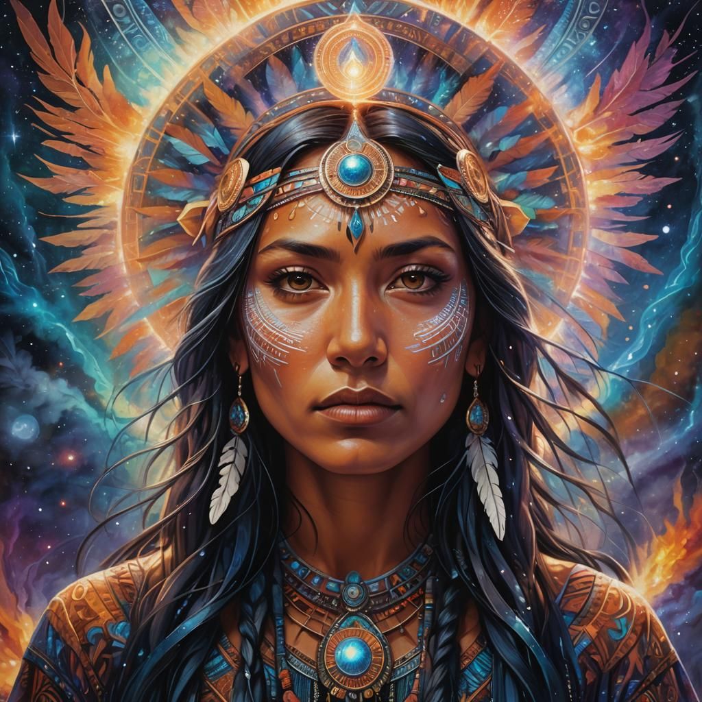 Mystical Native American Woman Portrait in Visionary Art Sty...