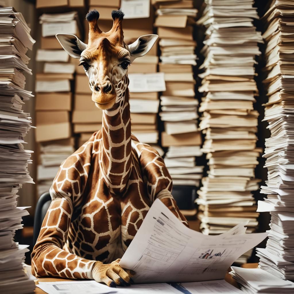Humanoid Giraffe at Desk in Studio Lighting