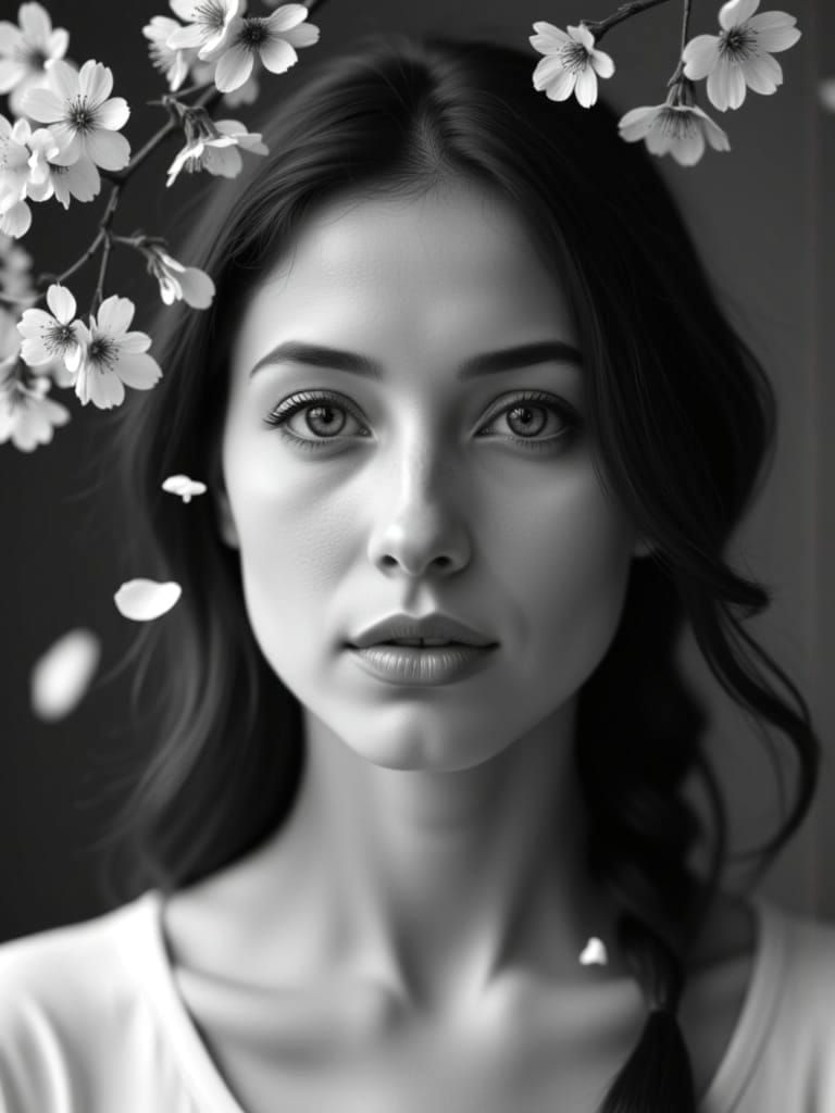 Monochrome Portrait of Woman with Sakura