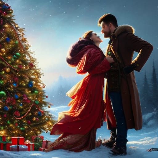 Passionate Kiss by Christmas Tree, Detailed Digital Art