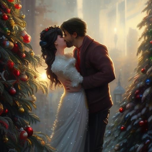 Passionate Christmas Kiss: Detailed Digital Art Render