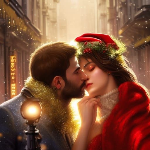Passionate Christmas Kiss: Hyperdetailed Digital Art