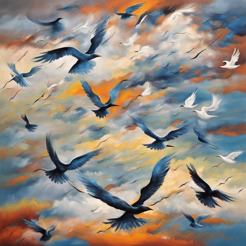 Abstract Windy Sky with Birds in Complementary Colors