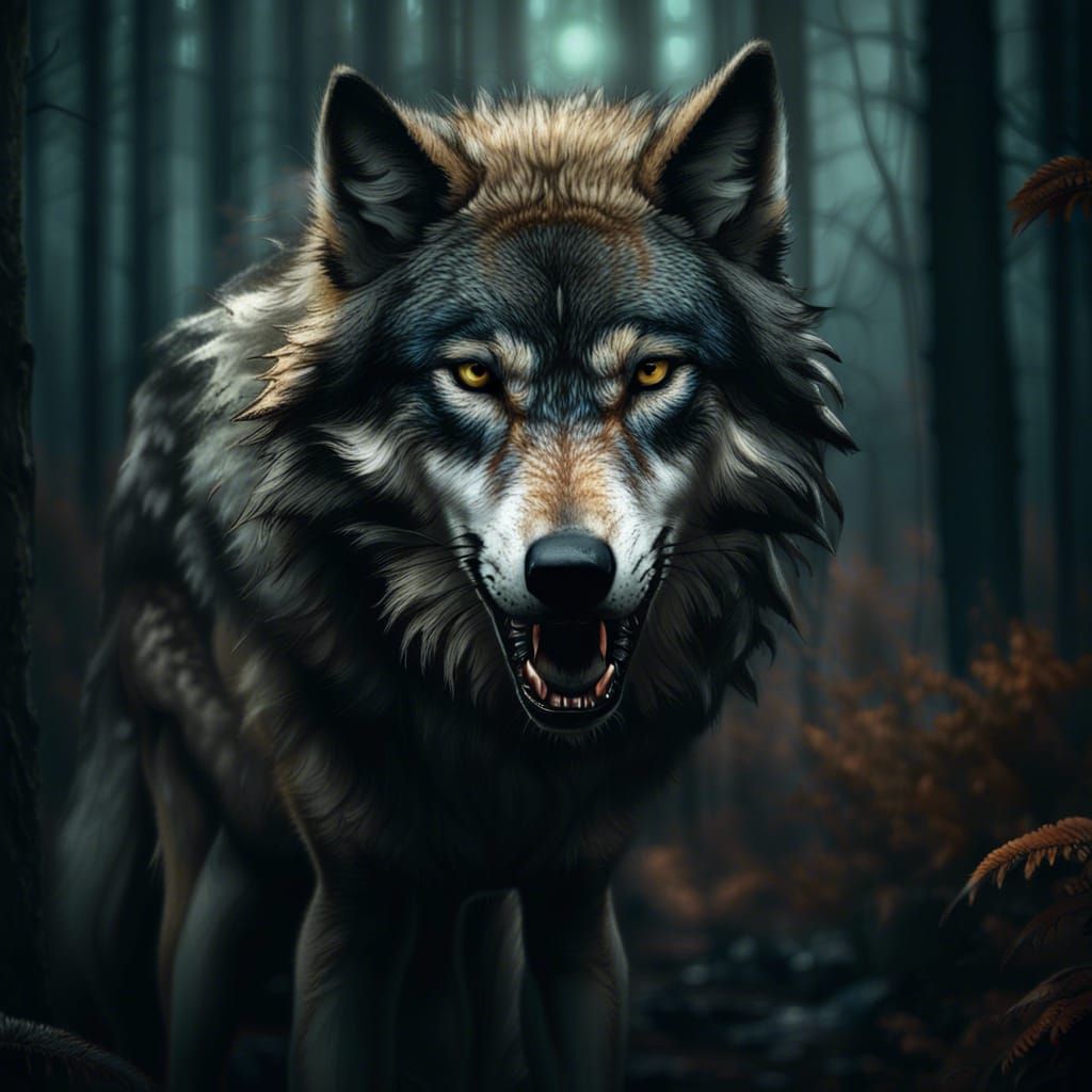 Magnificent Wolf Growling in Dark Forest
