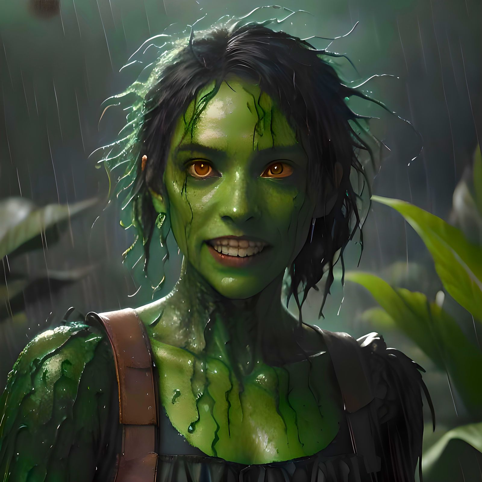 Scruffy Plant Girl in Rainy Horror Film Still