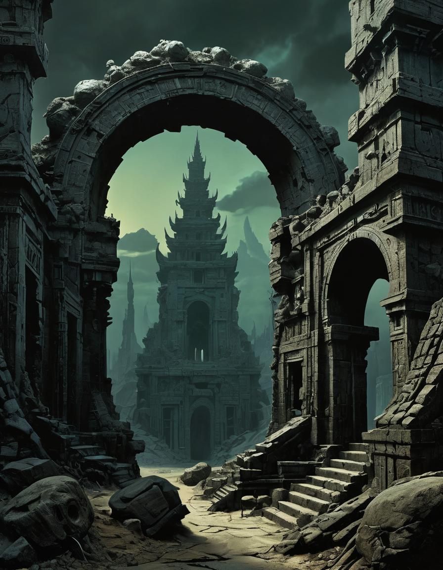 Ancient occult of the far East,displayed presence of a very young Earth in ZBrush fluxus,ominous skilled artistic horror...