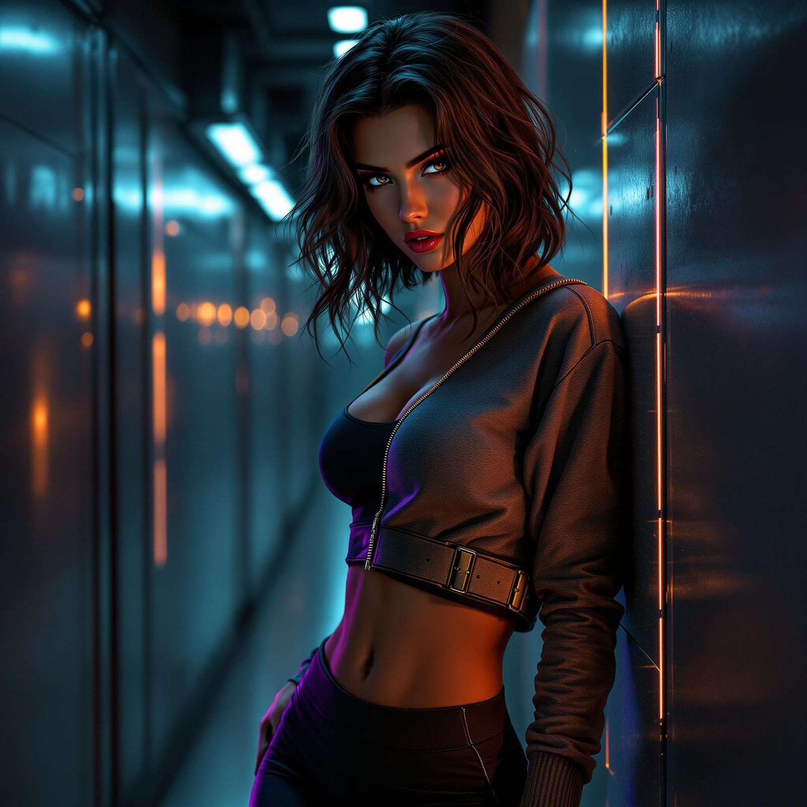 Cyberpunk Gym Girl Leans Against Metallic Wall