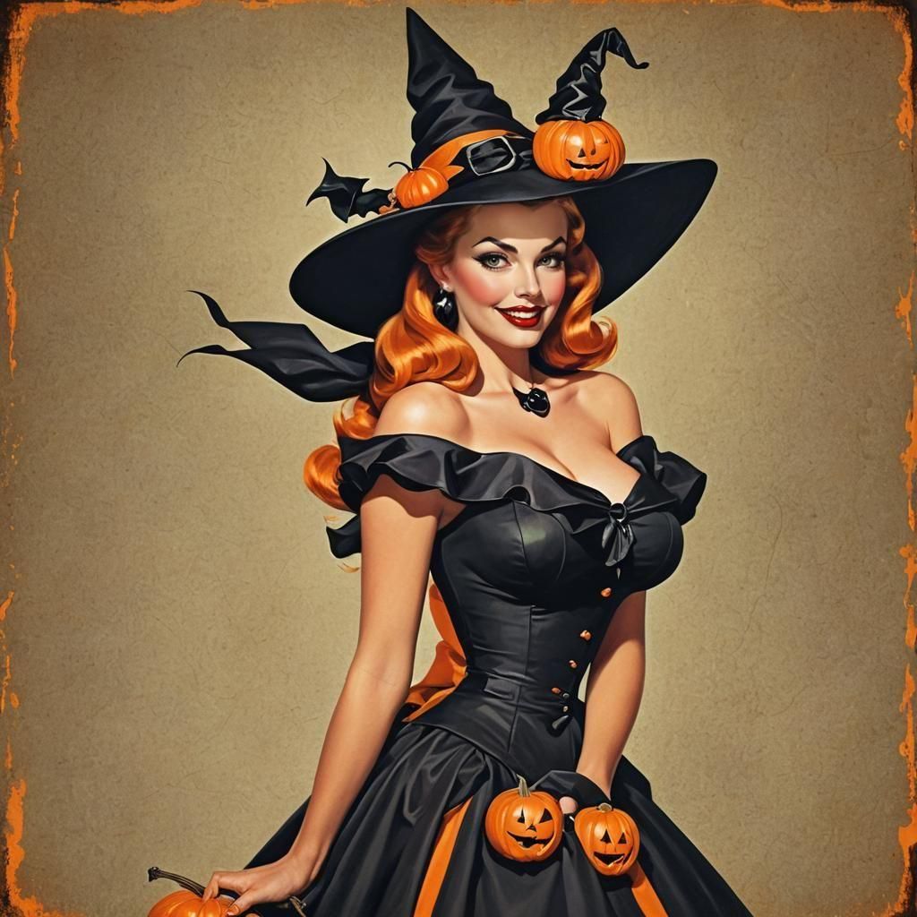 Halloween Pin-Up Girl in Classic Illustration Style