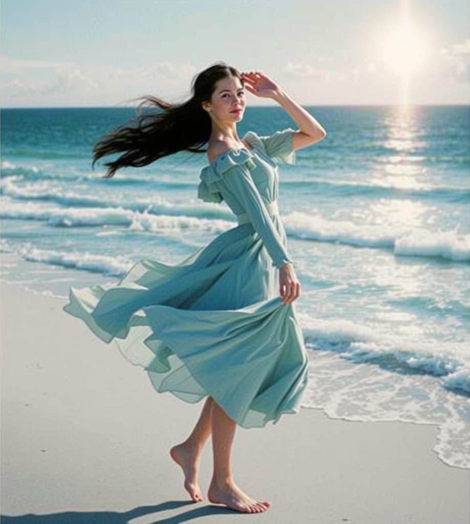 Ethereal Victorian Lady Twirls on Winter Beach