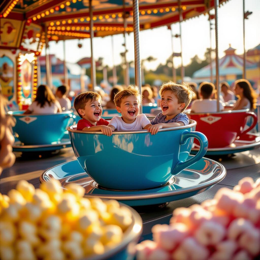 Vintage Teacup Ride with Laughing Boys at Amusement Park