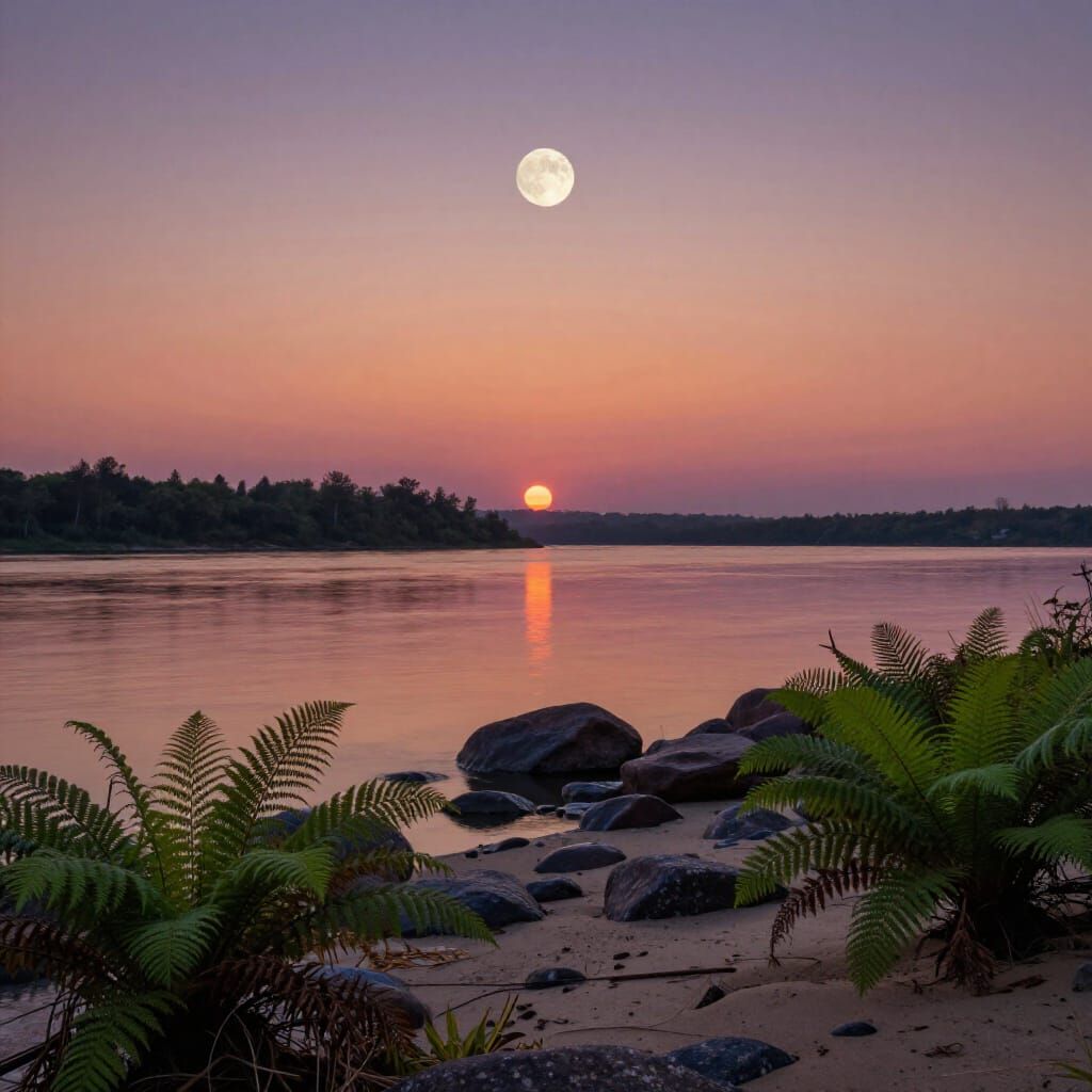 River Beach at Sunset with Moon and Rocks in Romantic Style