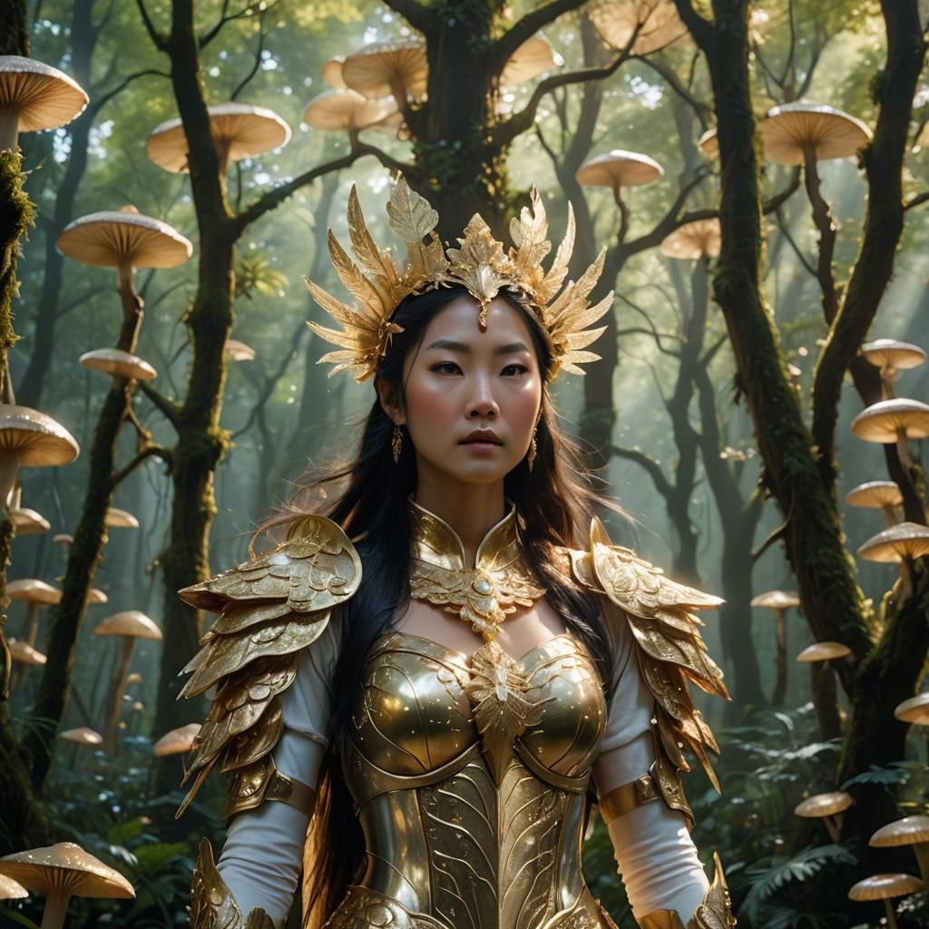 Hyperrealistic Asian Goddess in Luminescent Forest