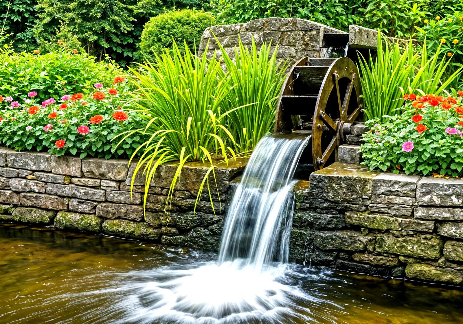 Garden Water Wheel Oasis in Whimsical Floral Setting
