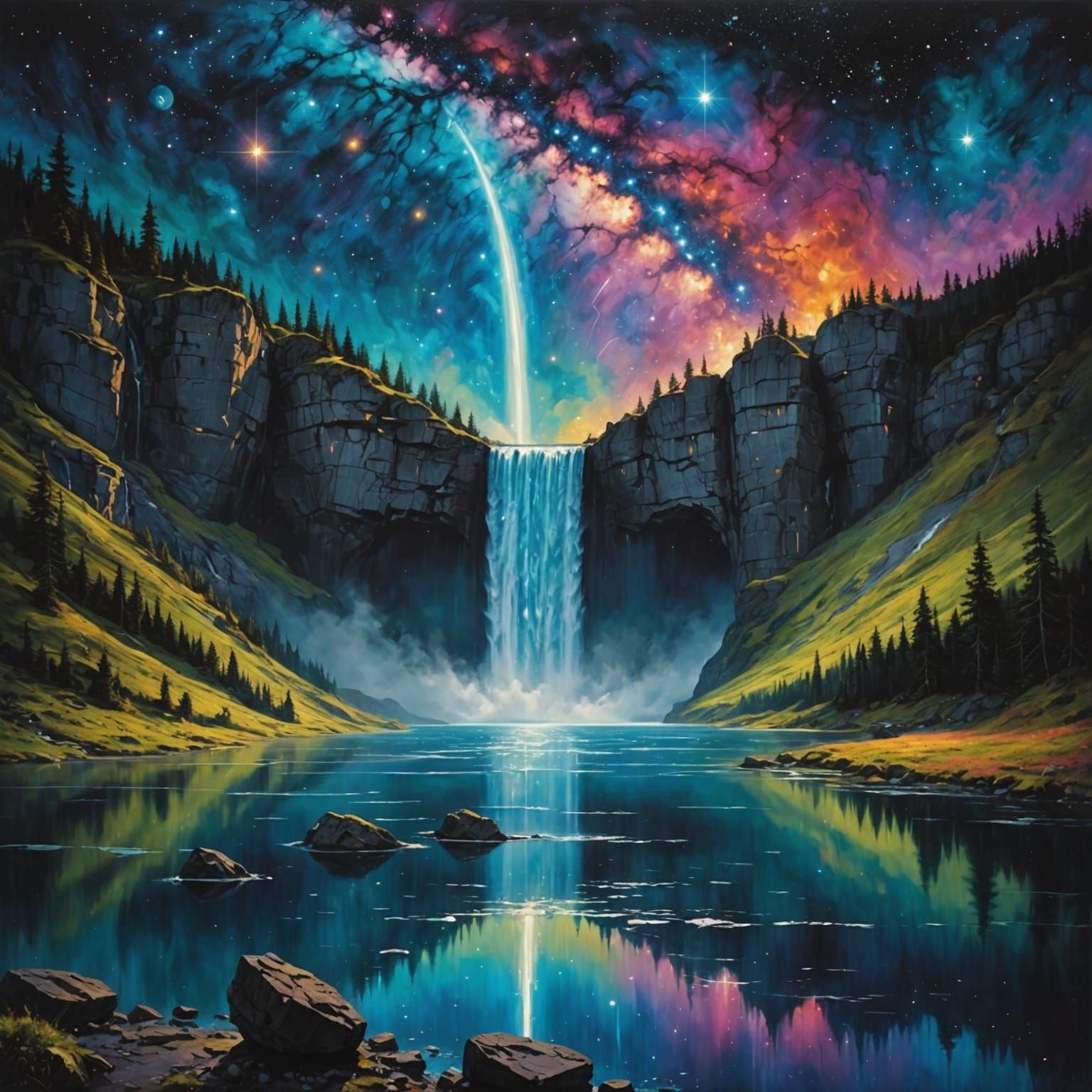 Surreal Cosmic Landscape with Impressionistic Waterfall