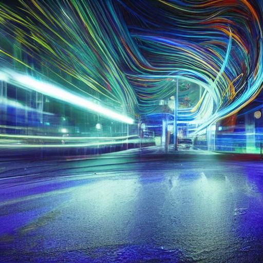 Glowing Fiber Optic Strand in a Cyberpunk Cityscape