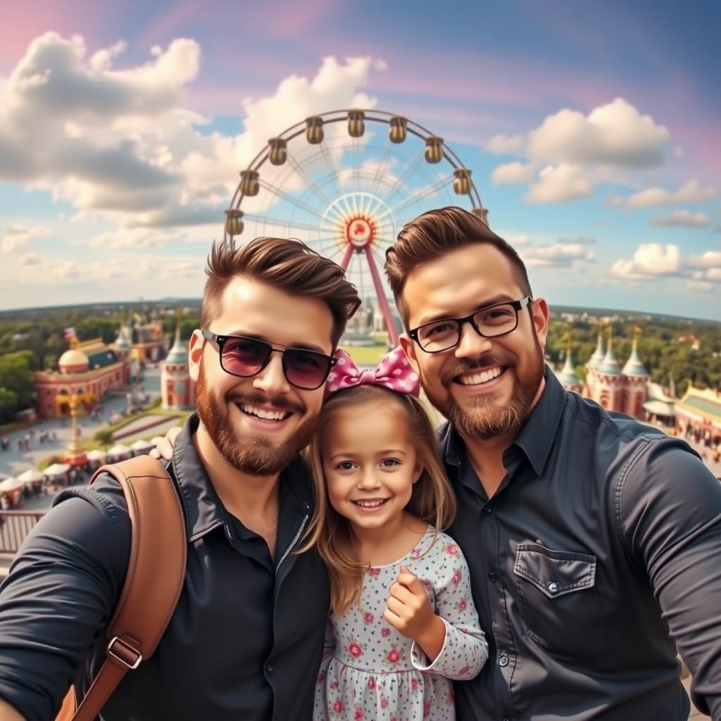 Rainbow dad's with daughter in theme park
