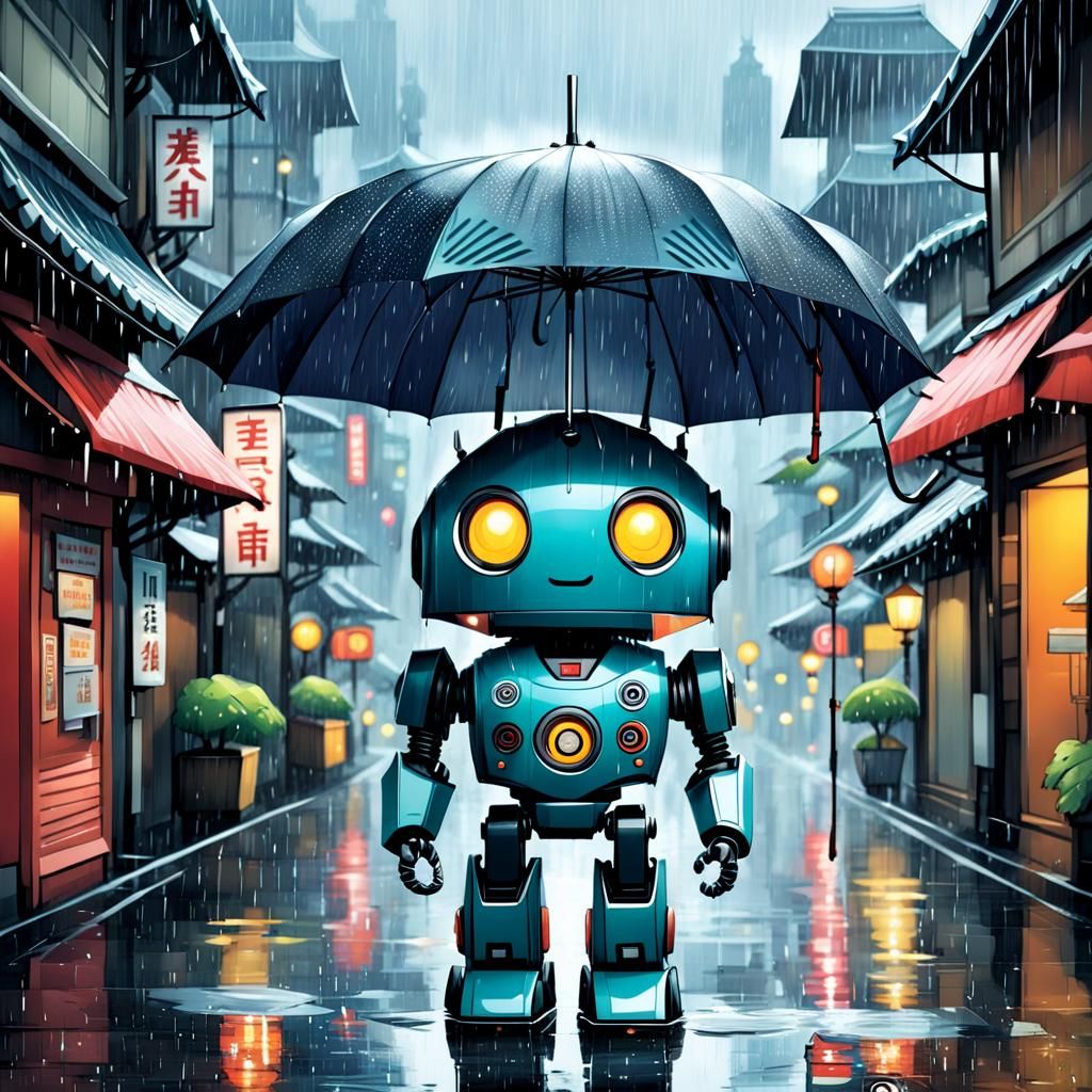 Lonely Robot in Rainy City Street Illustration