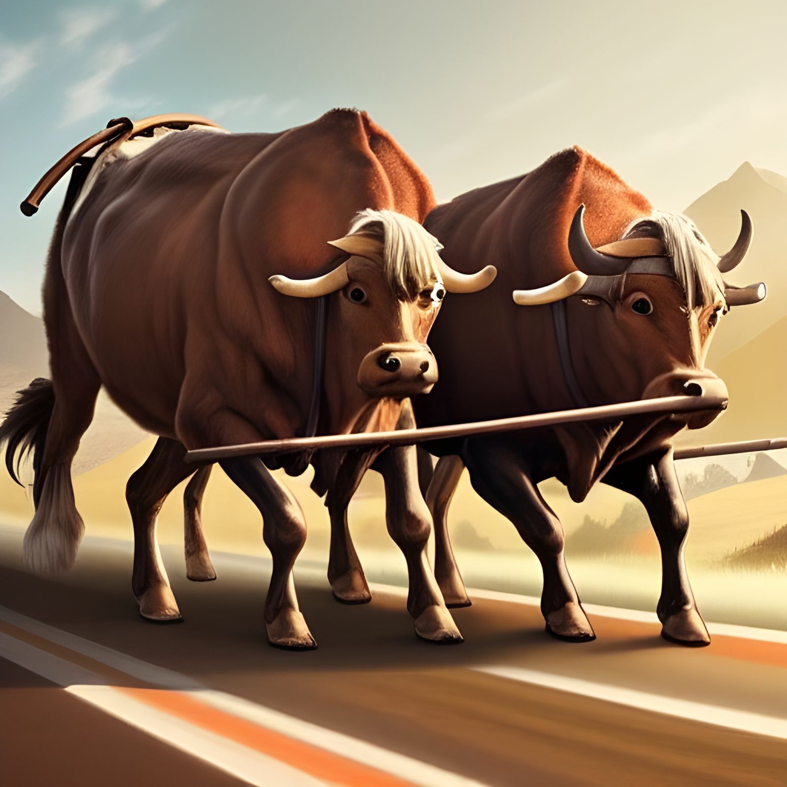 Oxen Pulling Wagon on Sunny Road, Digital Art