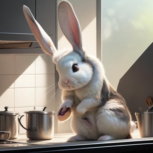 Hyperrealistic Bunny Reveals Tail in Kitchen