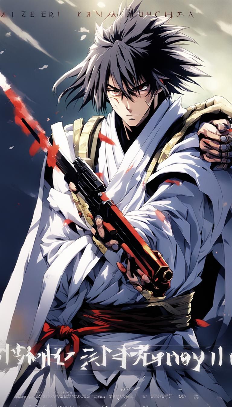White Samurai with Pistol in Anime Manga Style