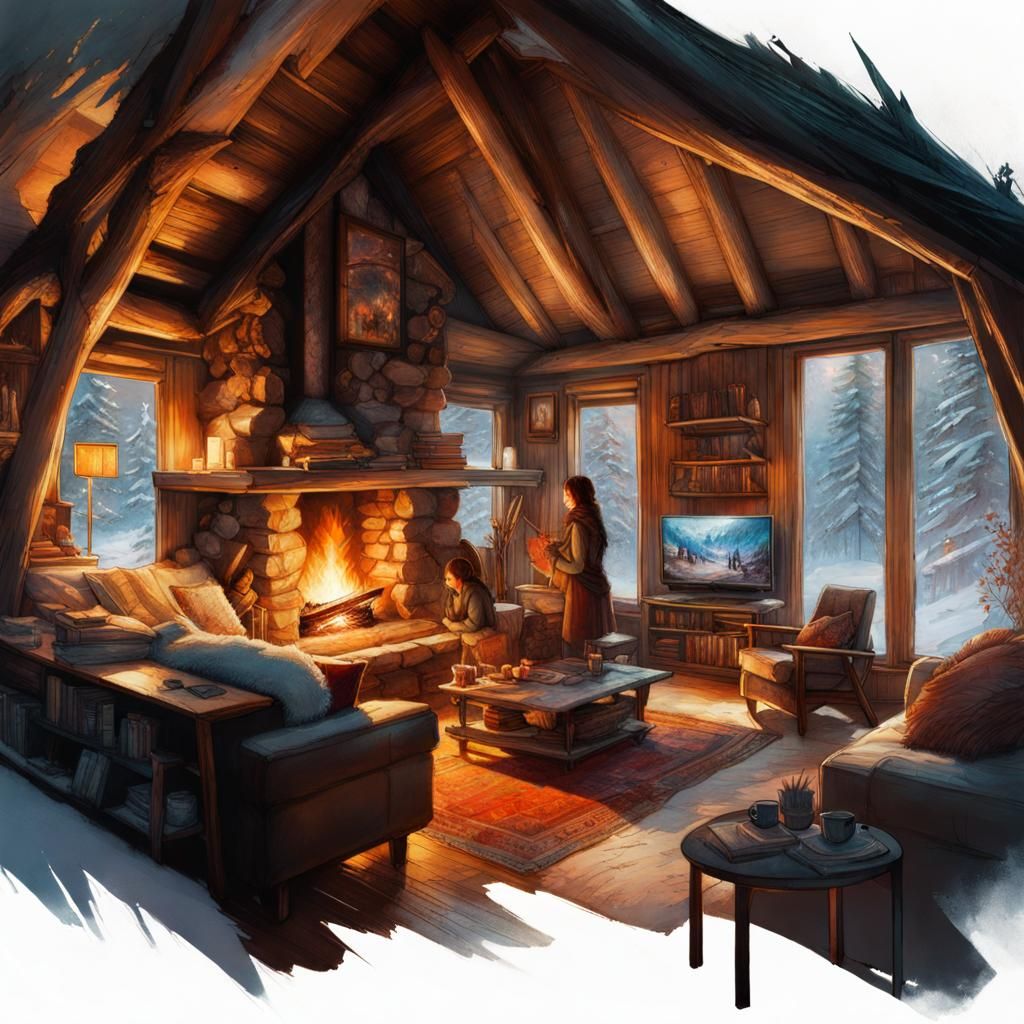 Cozy Cabin Interior in Thai Art Style