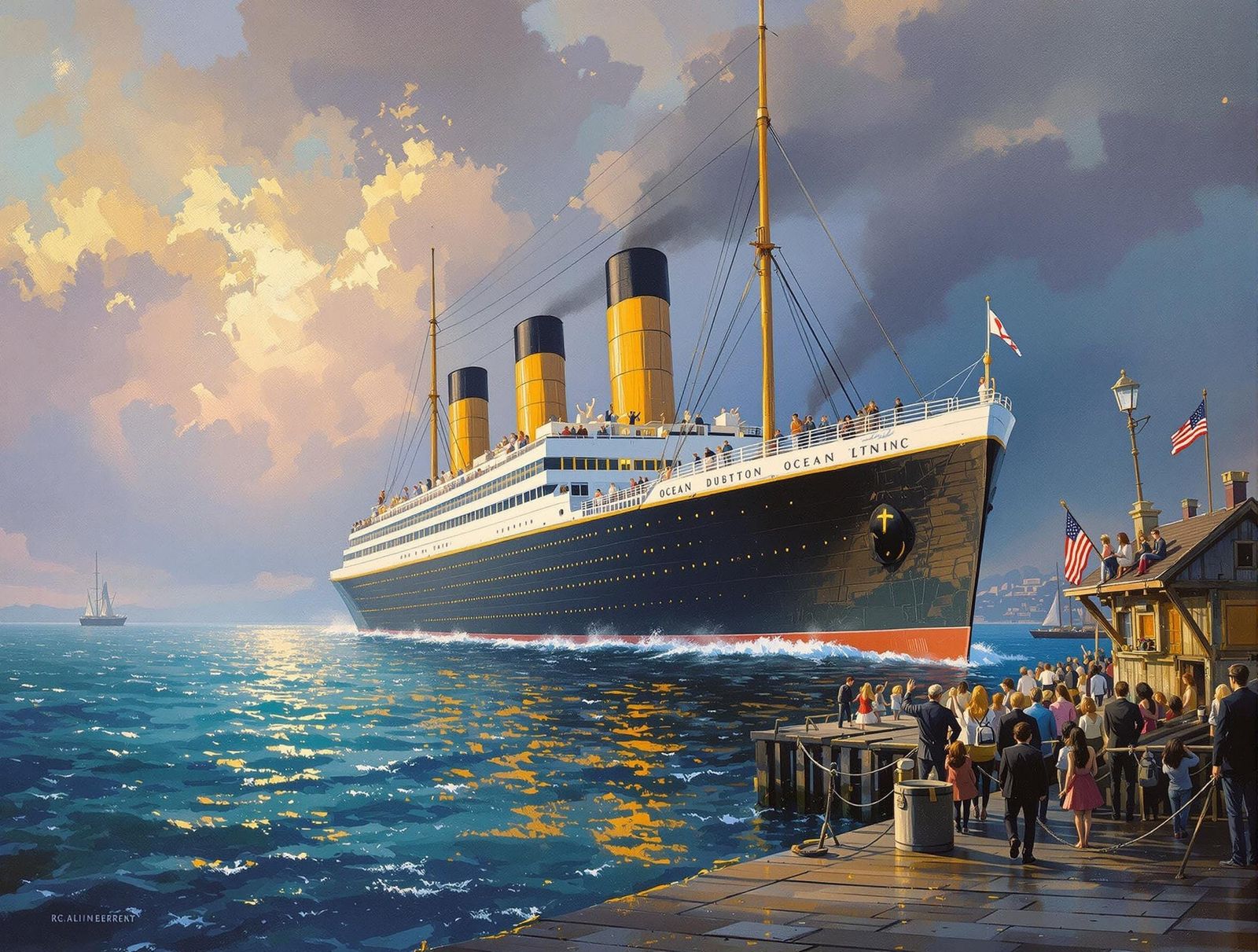 Ocean Liner Departure in Impressionistic Oil Painting Style