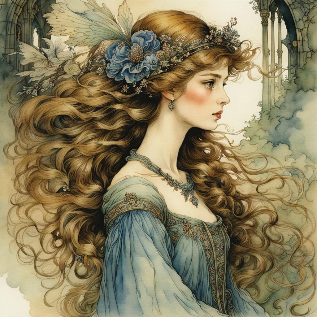 Watercolor Princess in Arthur Rackham Style