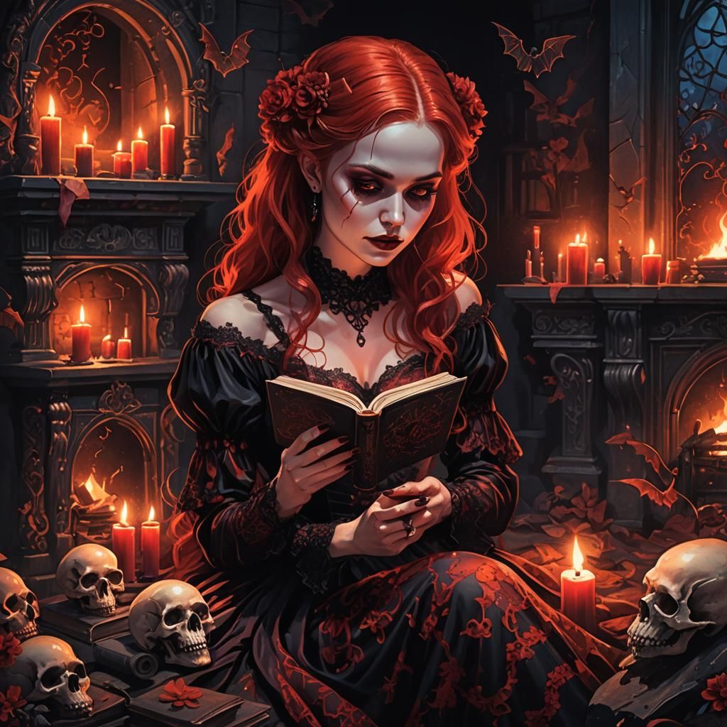 Young Vampire Reading: Romantic Gothic Illustration