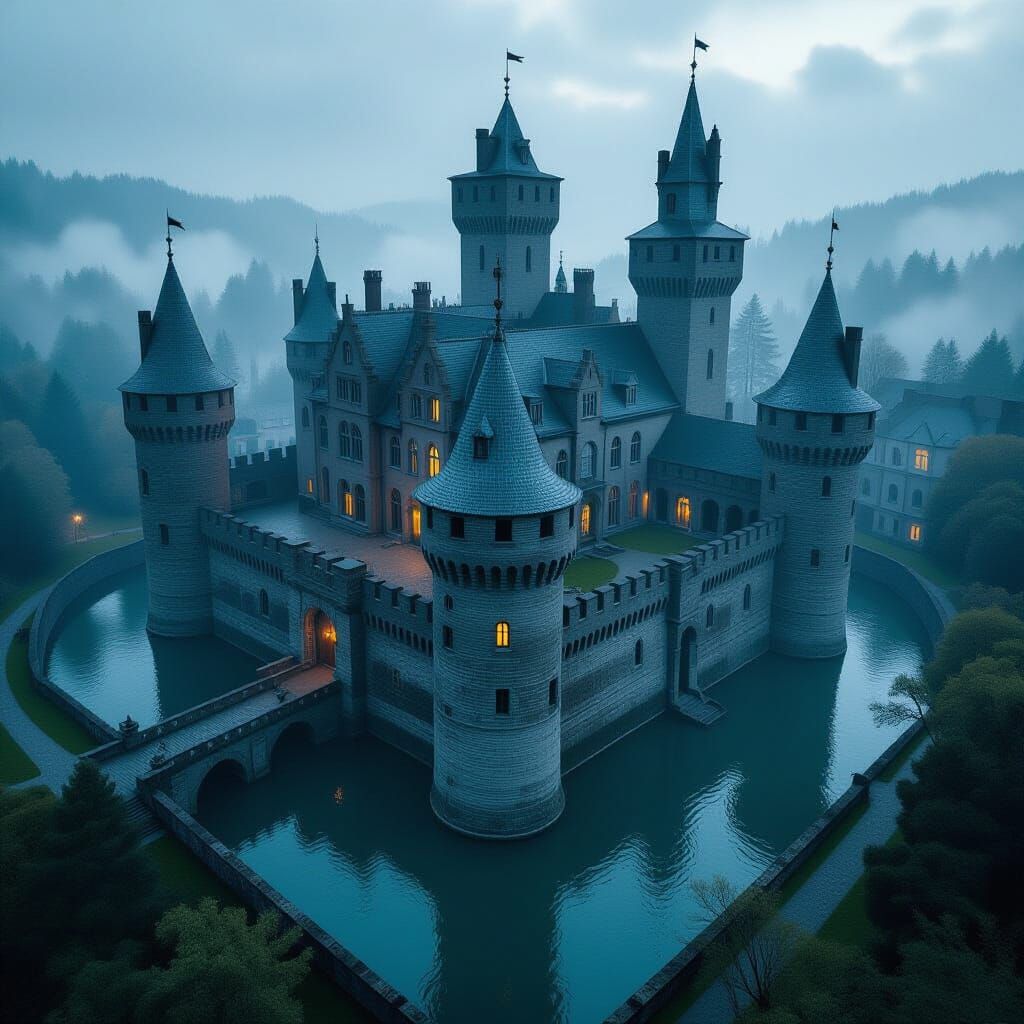 Aerial View of Old Castle in Retro Sci-Fi Style