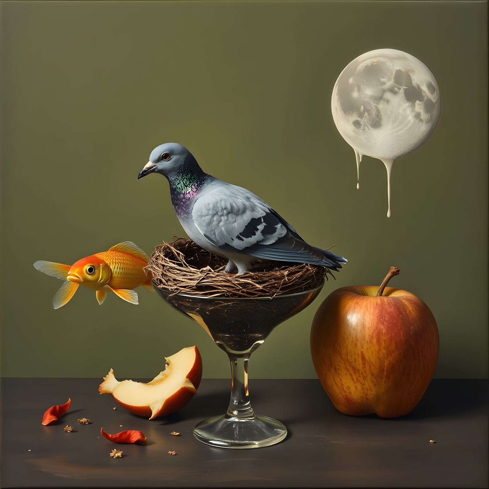 Surreal Pigeon Nest Scene on a Glass with a Melting Matte Ba...