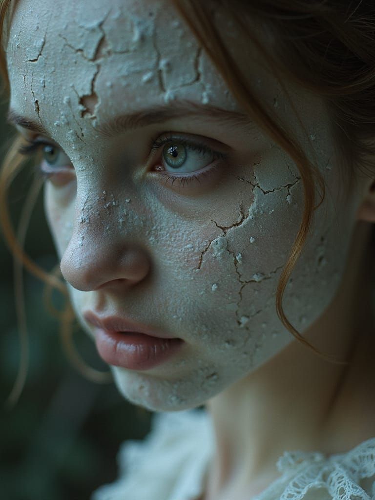 Ethereal Porcelain Doll Cracked by Dust and Time