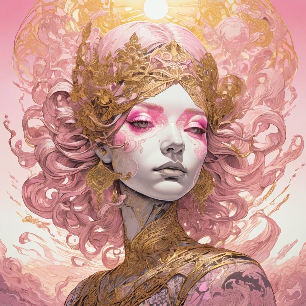 vivid liquid ink, baby pink, D&D character, elaborate and intricate ink illustration golden hour made of infinite light,...
