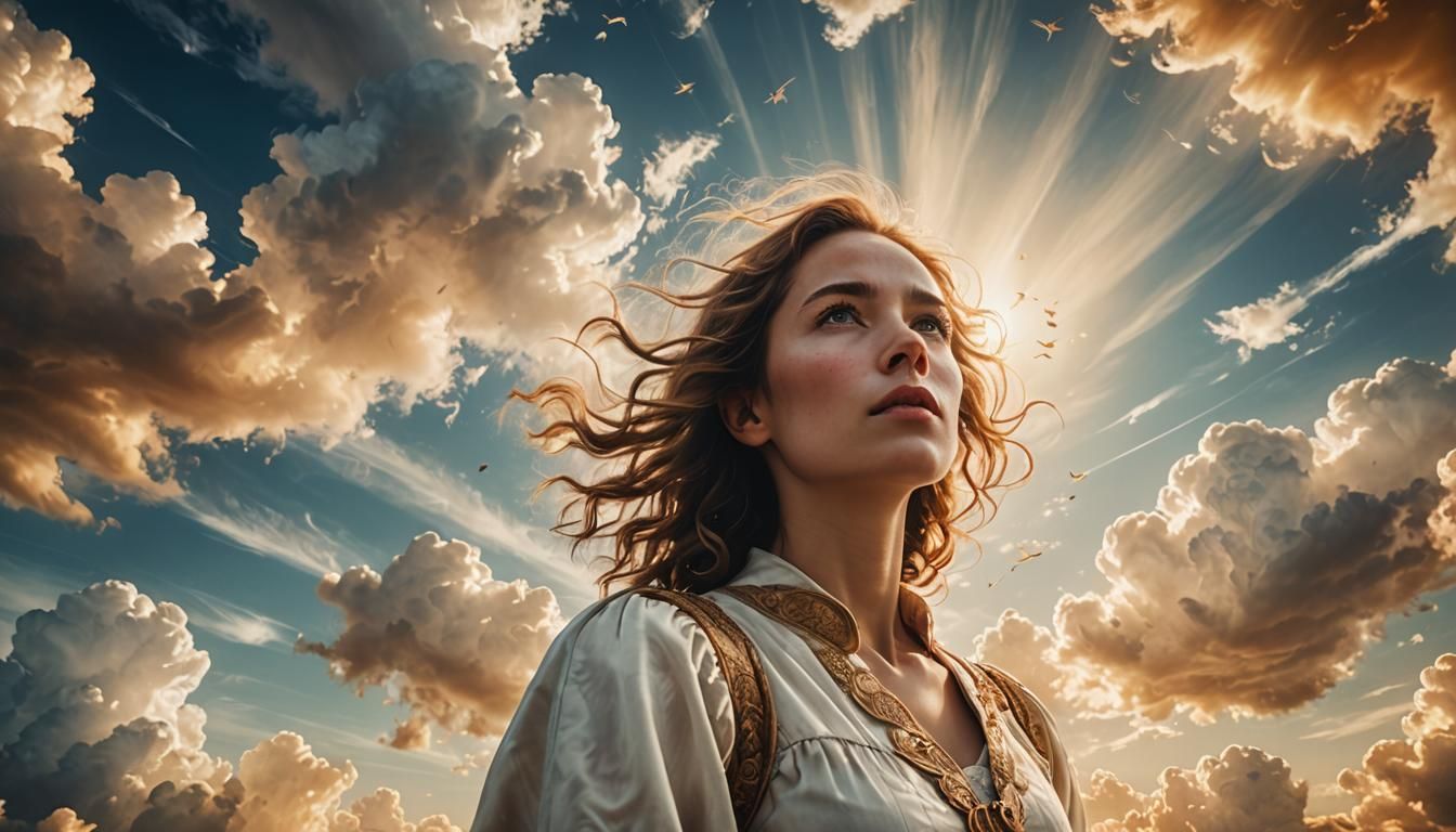 Woman in Cloudy Sky with Ethereal Light