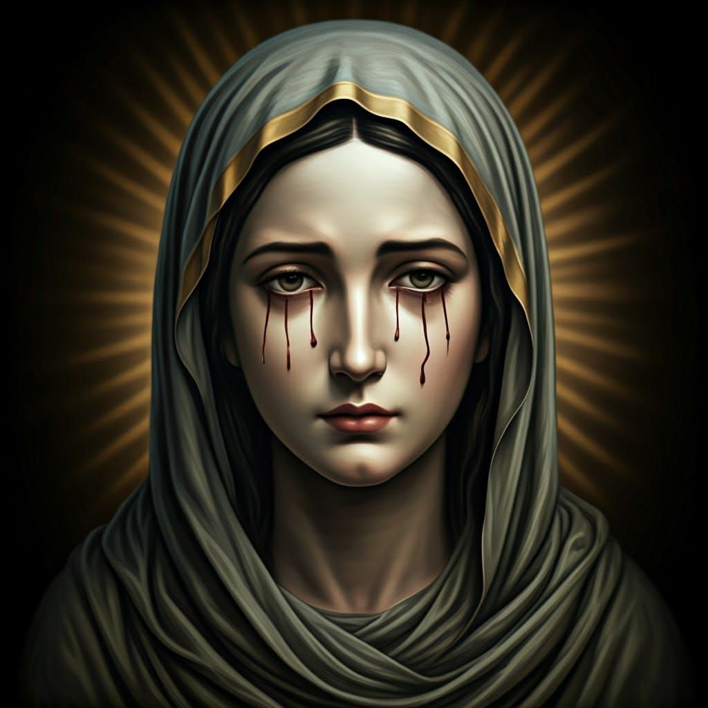Mother Mary with Hyperrealistic Bloodshot Eyes