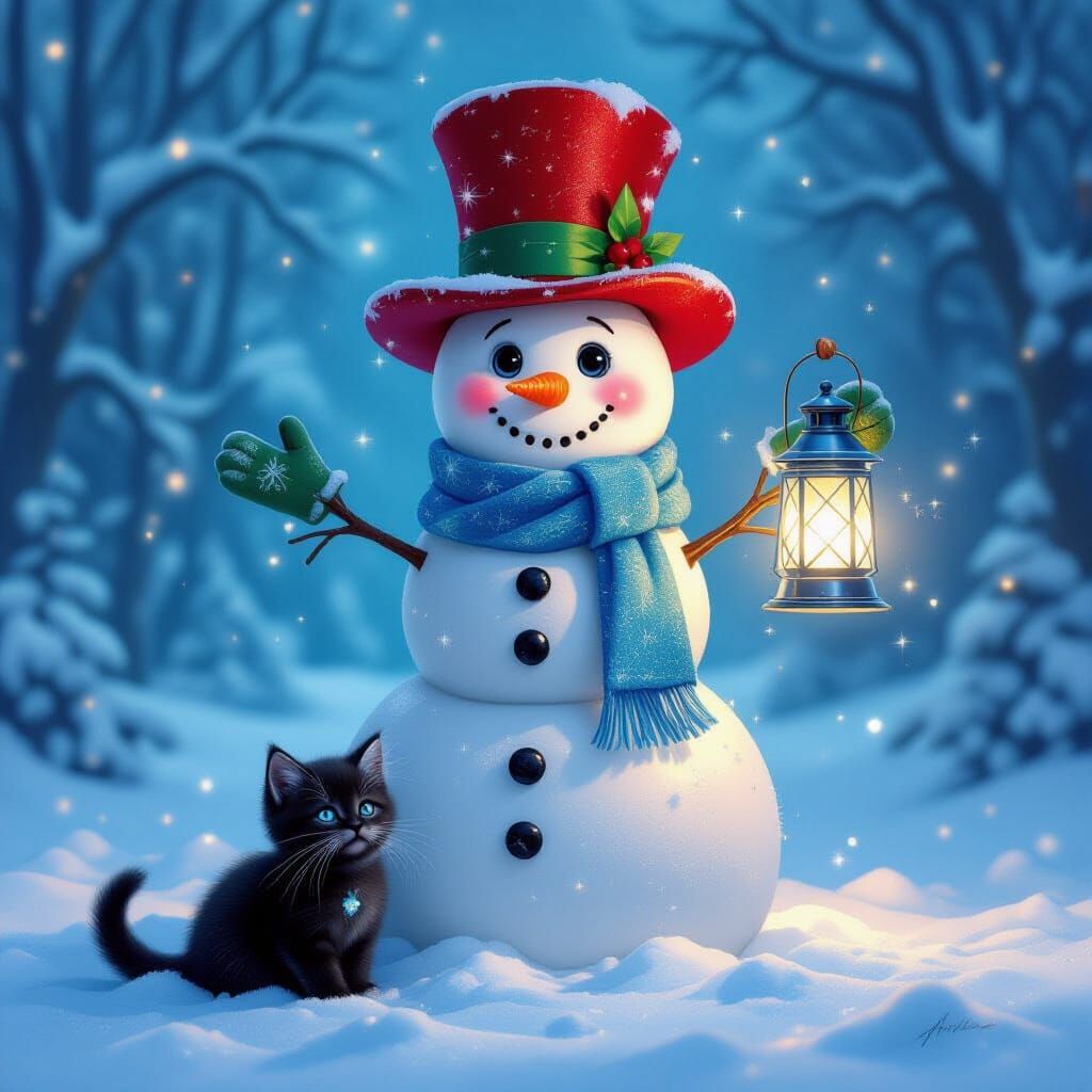 Sparkling Snowman with Kitten in Magical Christmas Scene