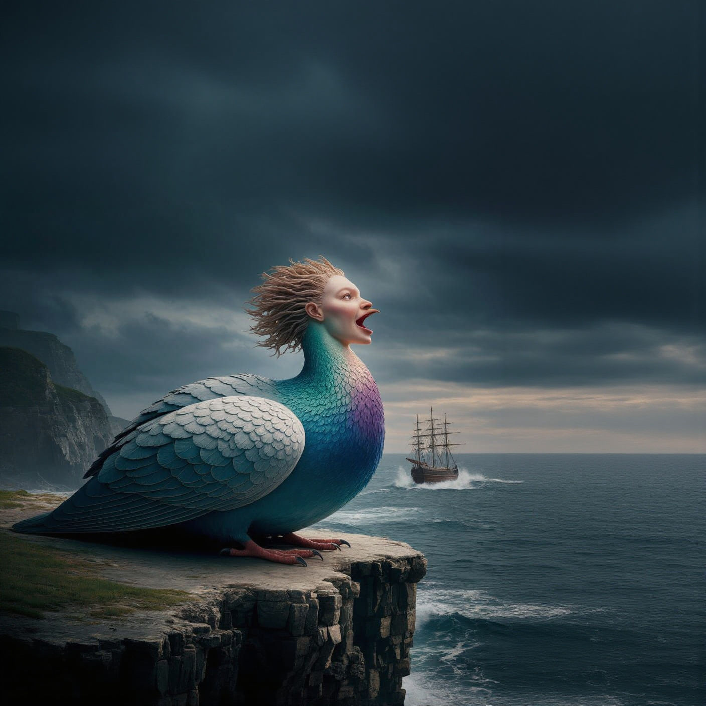 Hyperrealistic Siren Overlooking Stormy Sea